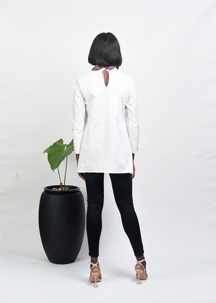 Aimas Bwola High-low shirt with Adire collar and Adire button details