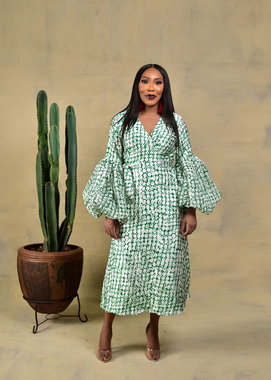 Aimas Gamsuwa print wrap Dress with dramatic chiffon sleeves