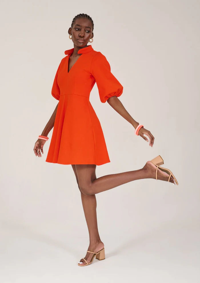 Kahindo Signal Hill Orange Mini Dress with V-neck and tapered collar exudes