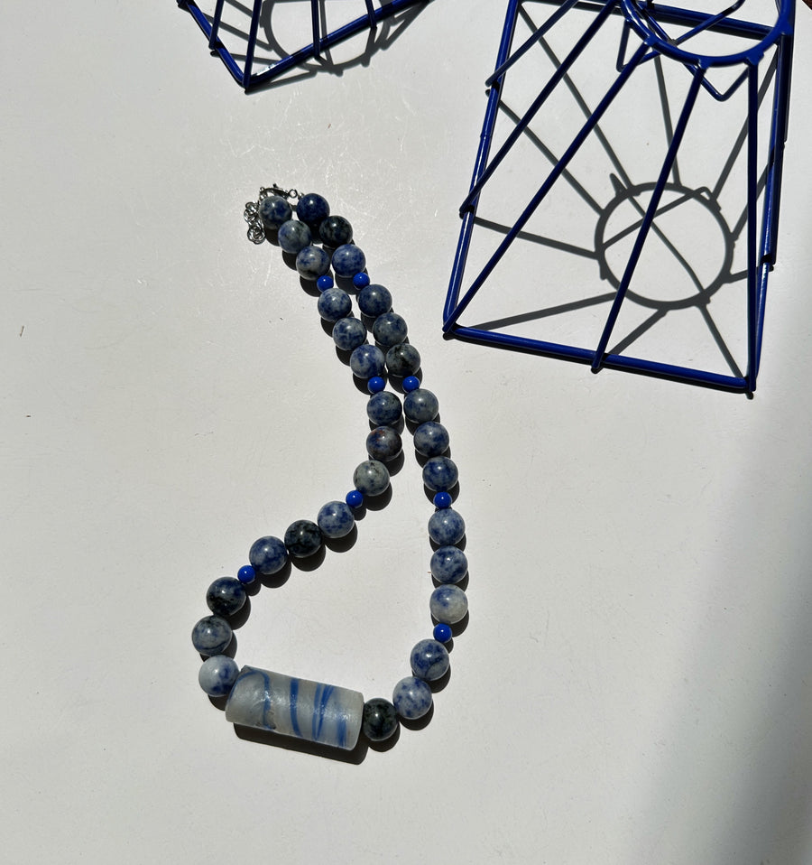 Renikeji Belaji Necklace with A glass cylindrical bead at the centre of this blue jasper