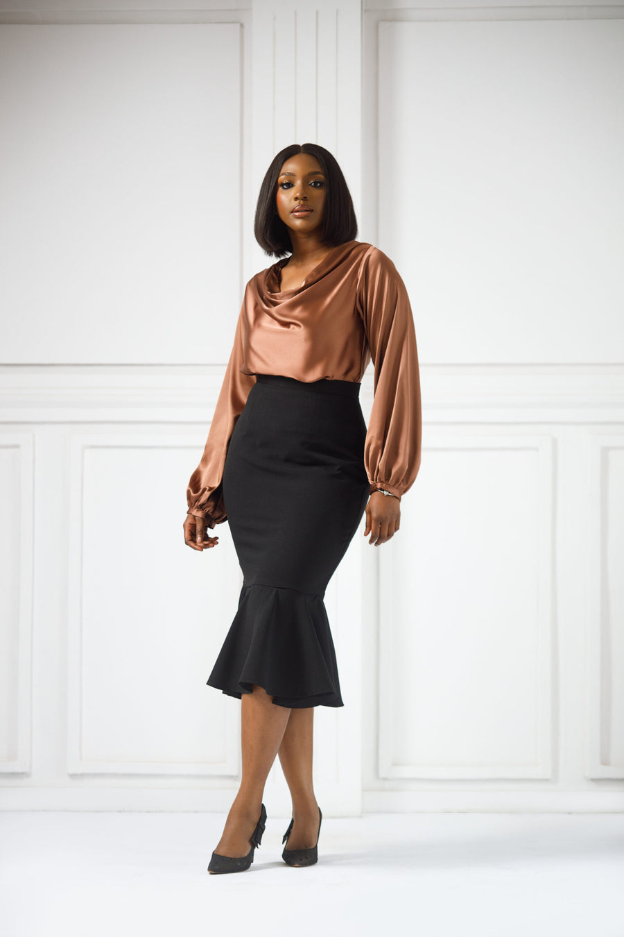 Erilyn Lois silk blouse with a draped cowl and balloon sleeves