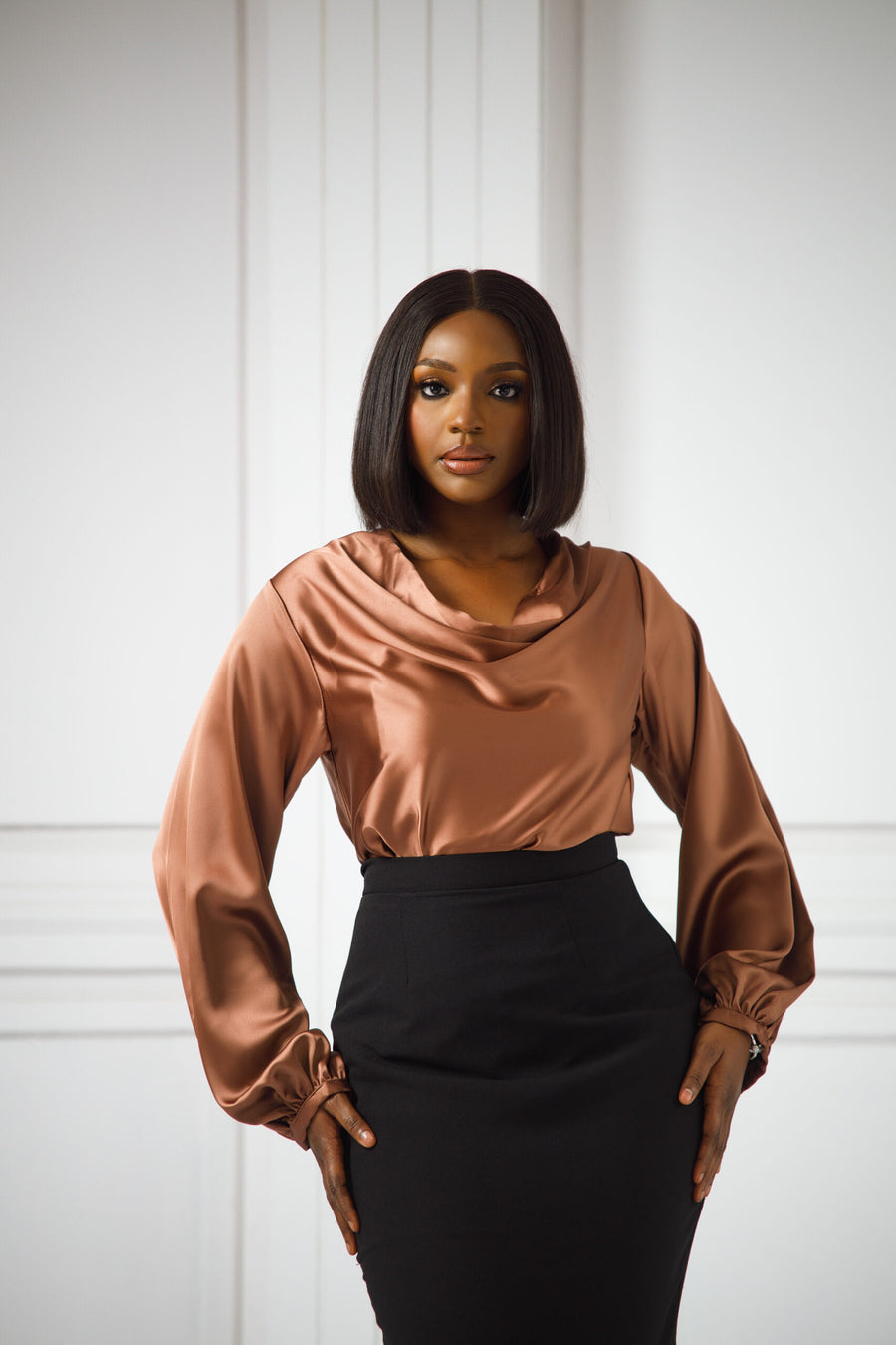 Erilyn Lois silk blouse with a draped cowl and balloon sleeves