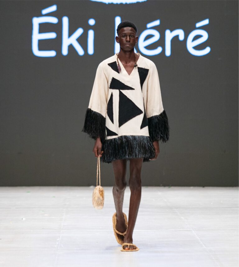 Eki Kéré Up-Cycled Patched Mini Dress with Black Raffia Trims