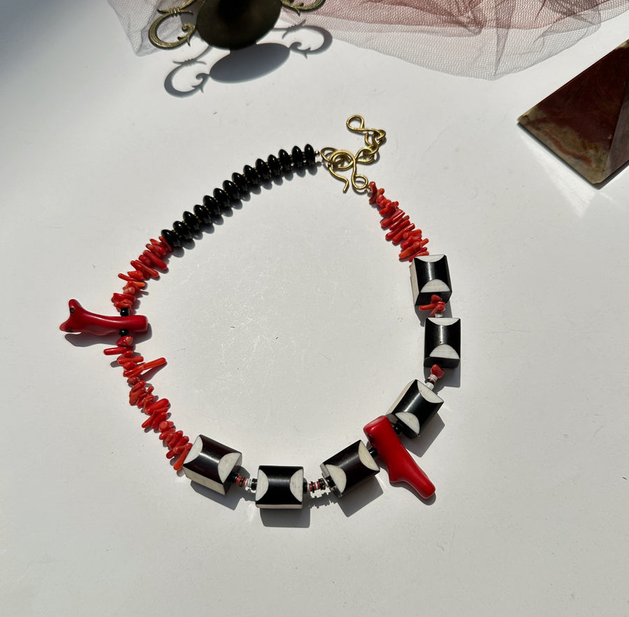 Renikeji Sea School Necklace with acrylic beads and red coral