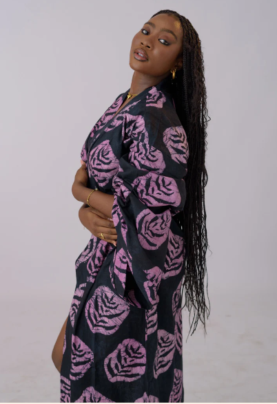 Oya Abeo Purple Animal Cotton Robe, hand-printed button down shirt