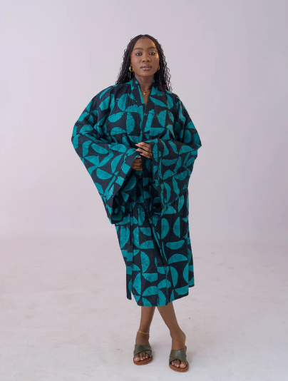 Oya Abeo Jade Cotton Robe, hand-printed button down shirt