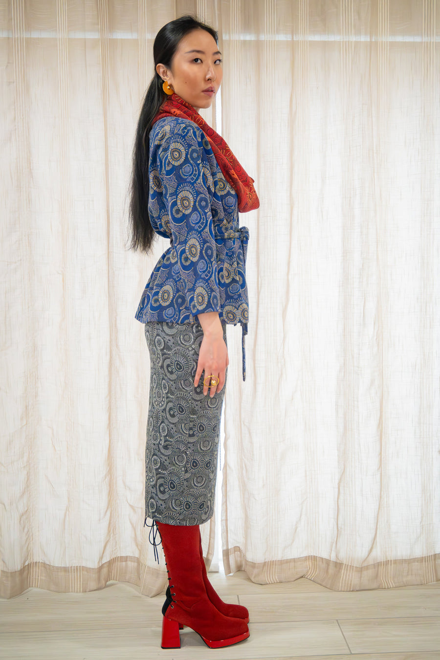 Kahindo Blue Nouakchott Jacket with a waist-cinching belt