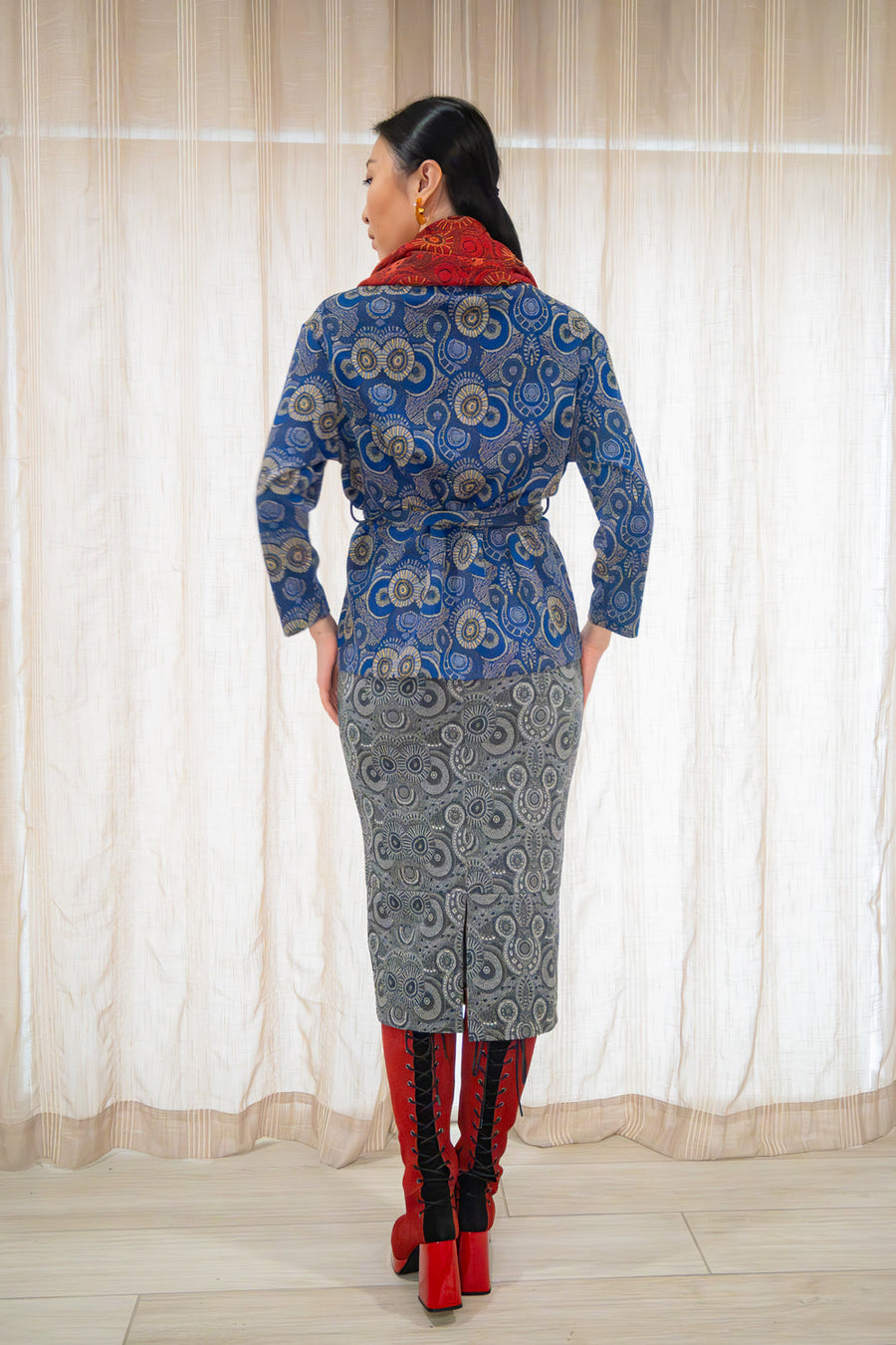 Kahindo Blue Nouakchott Jacket with a waist-cinching belt