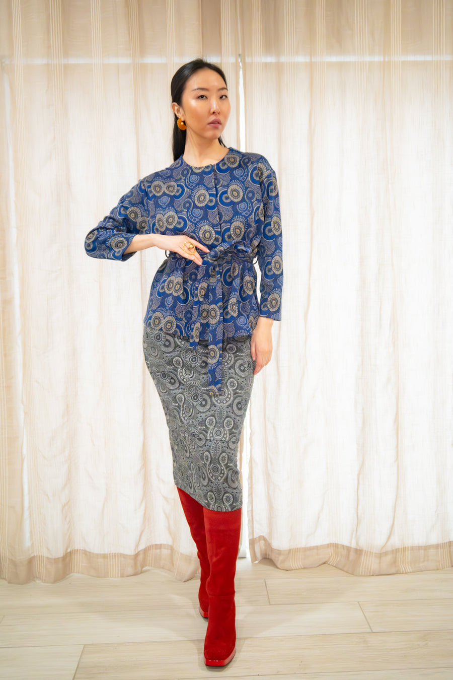 Kahindo Blue Nouakchott Jacket with a waist-cinching belt