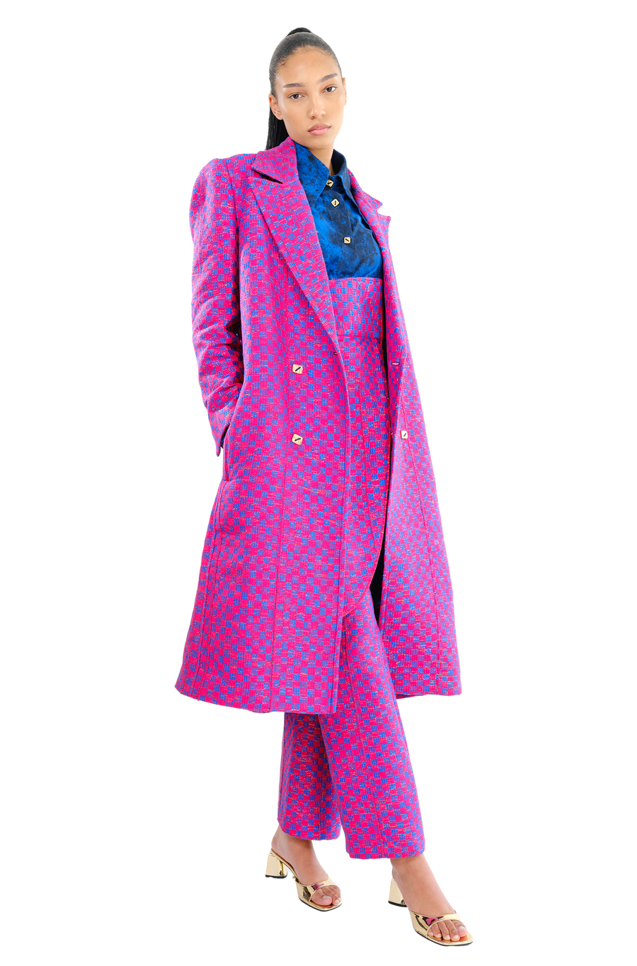 The Ella I blue and pink long and breasted Coat