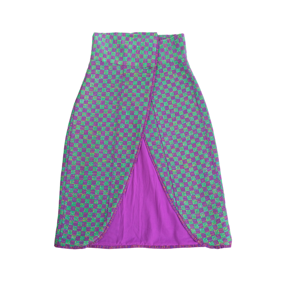 The Elsa II purple and green asymmetrical open-wrap skirt