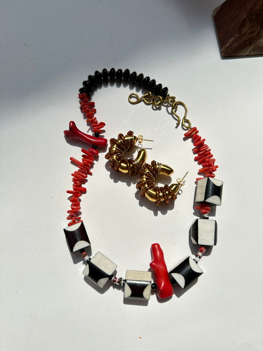 Renikeji Sea School Necklace with acrylic beads and red coral