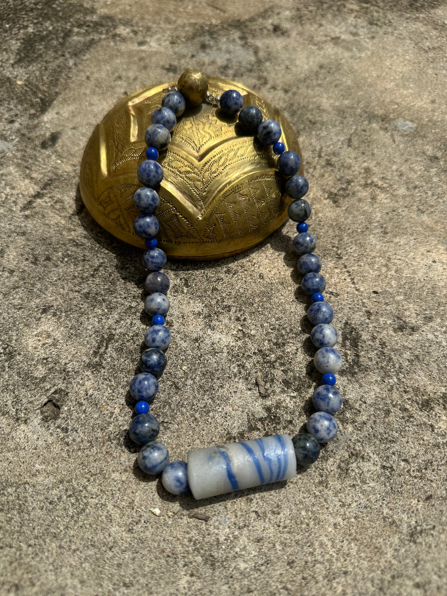 Renikeji Belaji Necklace with A glass cylindrical bead at the centre of this blue jasper