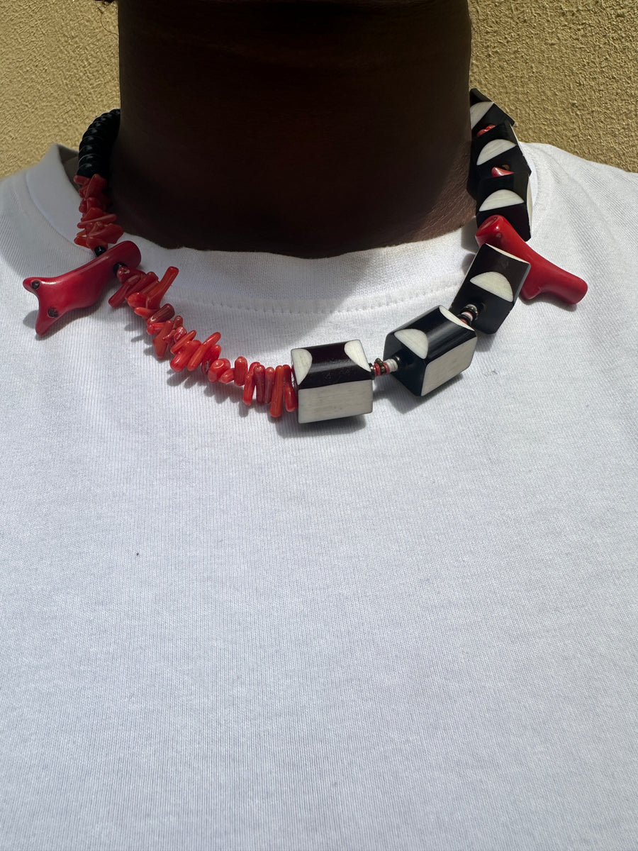 Renikeji Sea School Necklace with acrylic beads and red coral