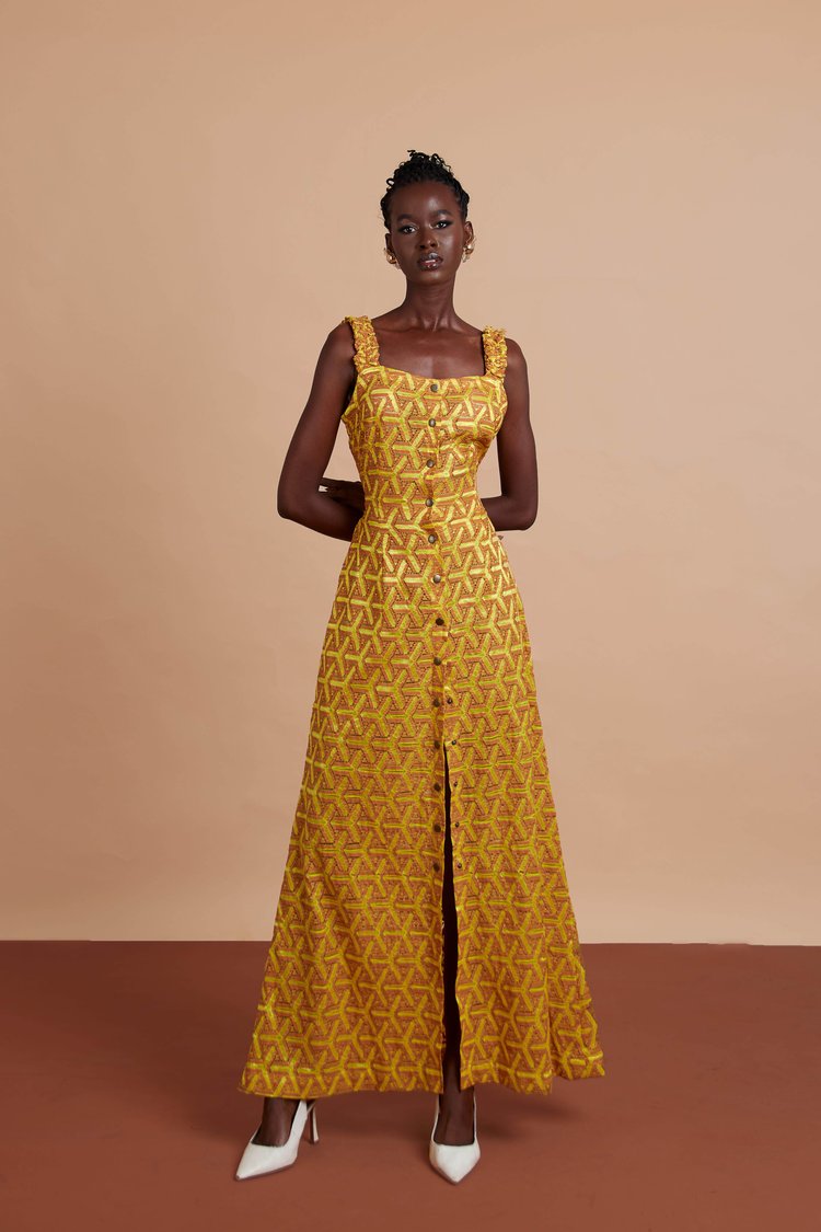 Jermaine Bleu Aura Maxi Dress with A-line Long Lace, Button-down, Gathered sleeve detail, and Waist belt with pockets