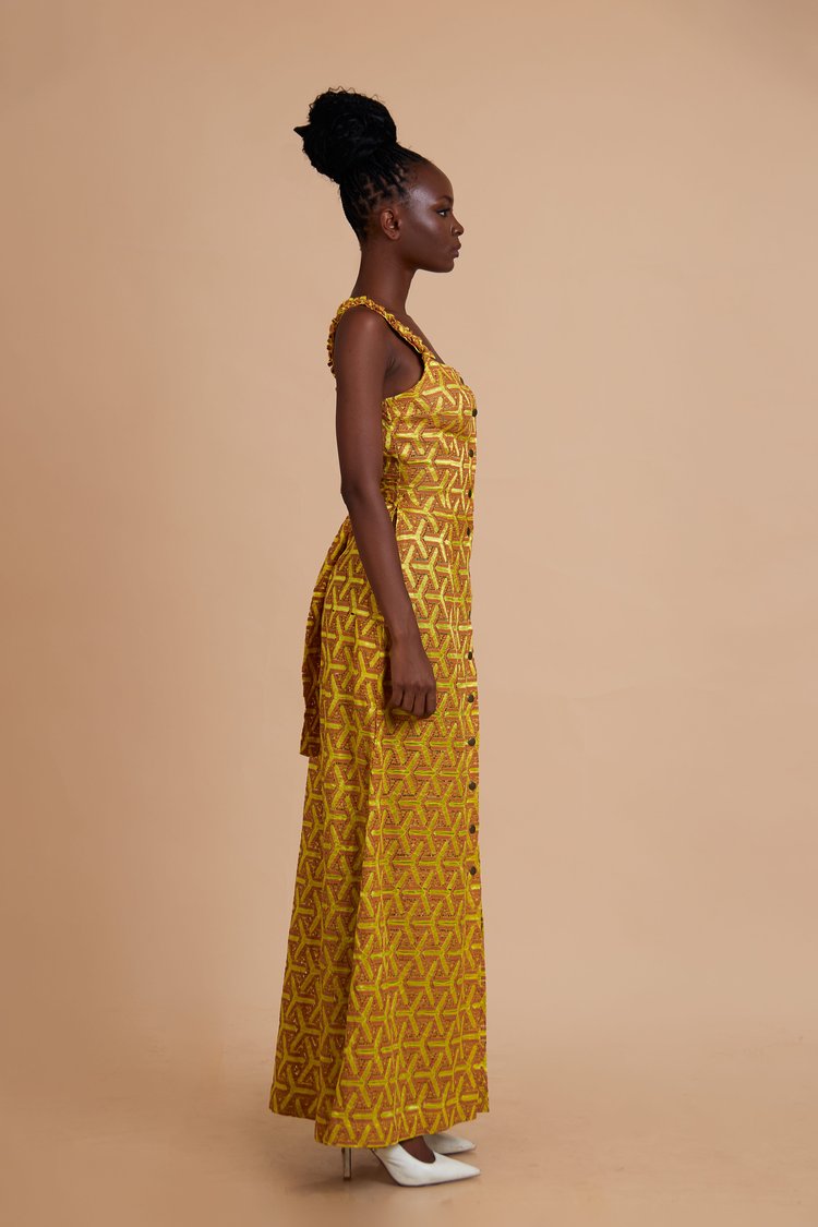 Jermaine Bleu Aura Maxi Dress with A-line Long Lace, Button-down, Gathered sleeve detail, and Waist belt with pockets