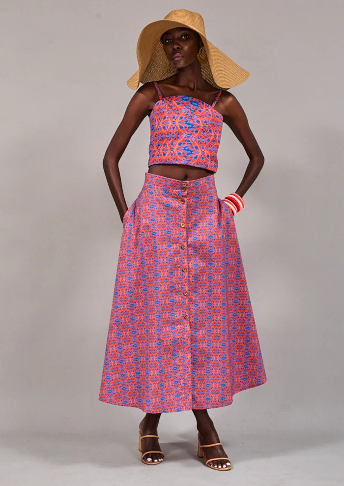 Kahindo Camps Bay Print Skirt with pockets and buttons down the centre of the skirt