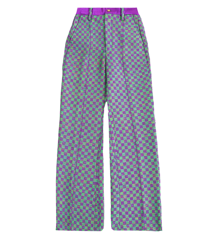 The Tsisti II purple and green high-waisted pants with a duchess satin belt