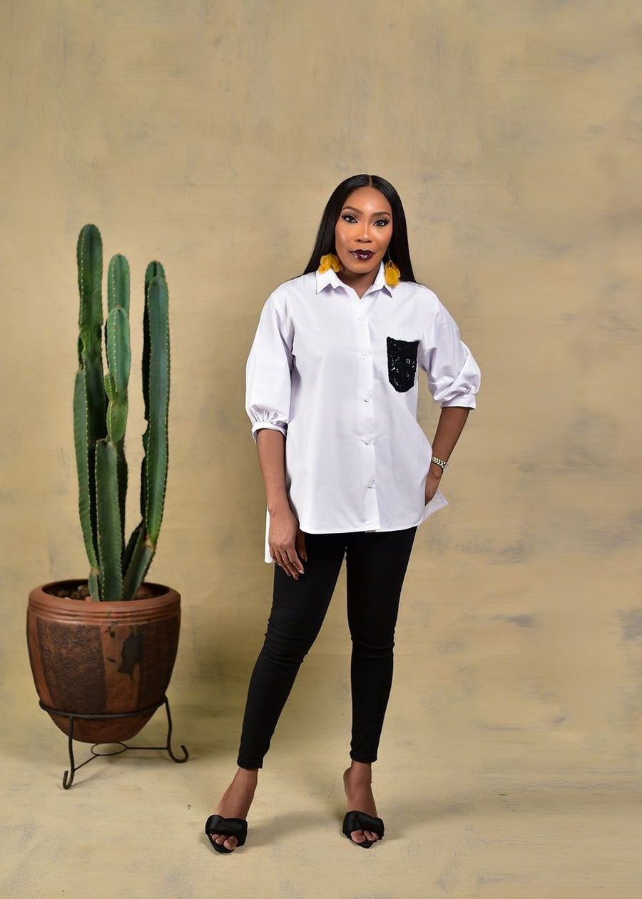 Aimas Kandake white Shirt with lace pocket detail and a woman image at the back