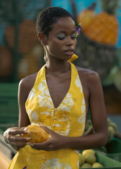 Oya Abeo Hibiscus Mademoiselle Linen Dress with Brass Buttons