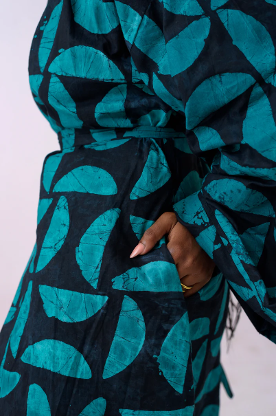 Oya Abeo Jade Cotton Robe, hand-printed button down shirt