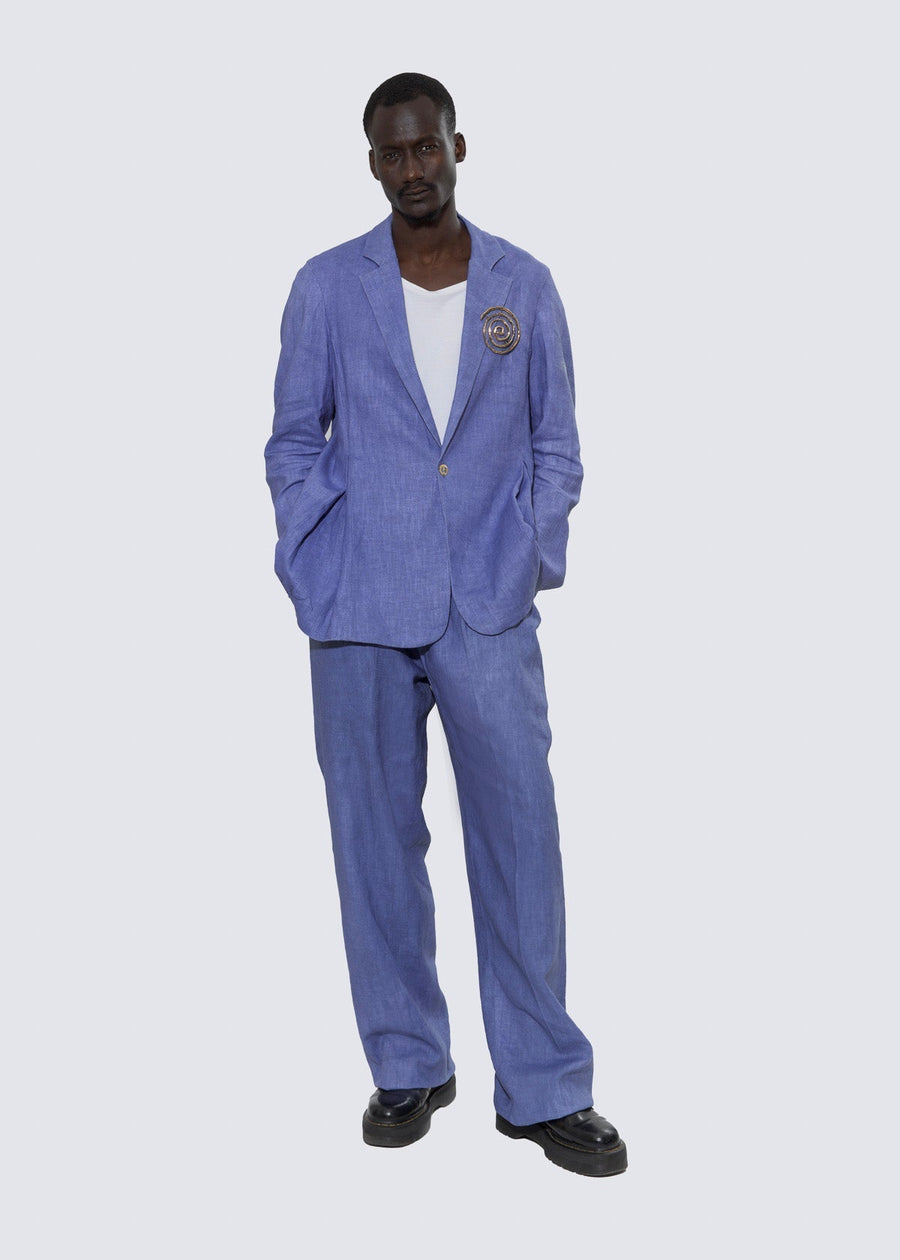 Olooh The Gala blue linen Pants and Shirt Set with handmade bronze