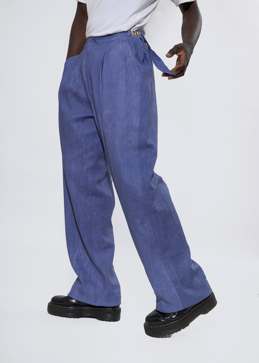 Olooh The Gala blue linen Pants and Shirt Set with handmade bronze