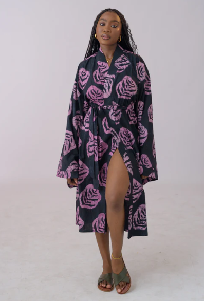 Oya Abeo Purple Animal Cotton Robe, hand-printed button down shirt