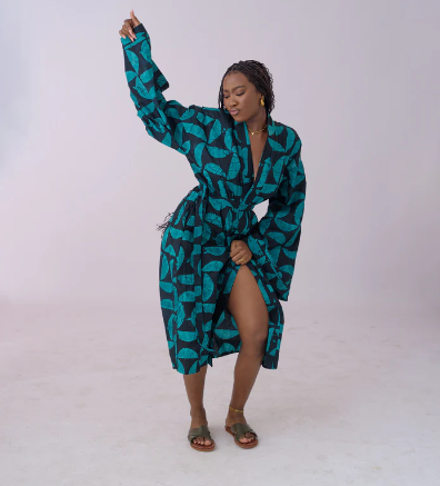 Oya Abeo Jade Cotton Robe, hand-printed button down shirt