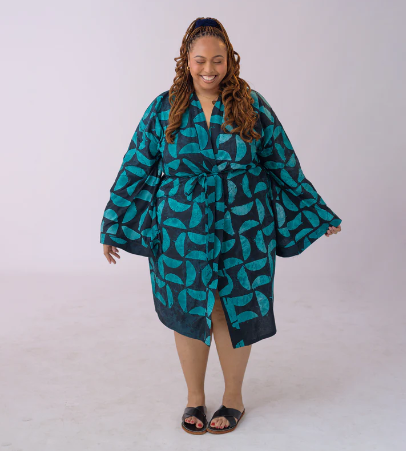 Oya Abeo Jade Cotton Robe, hand-printed button down shirt