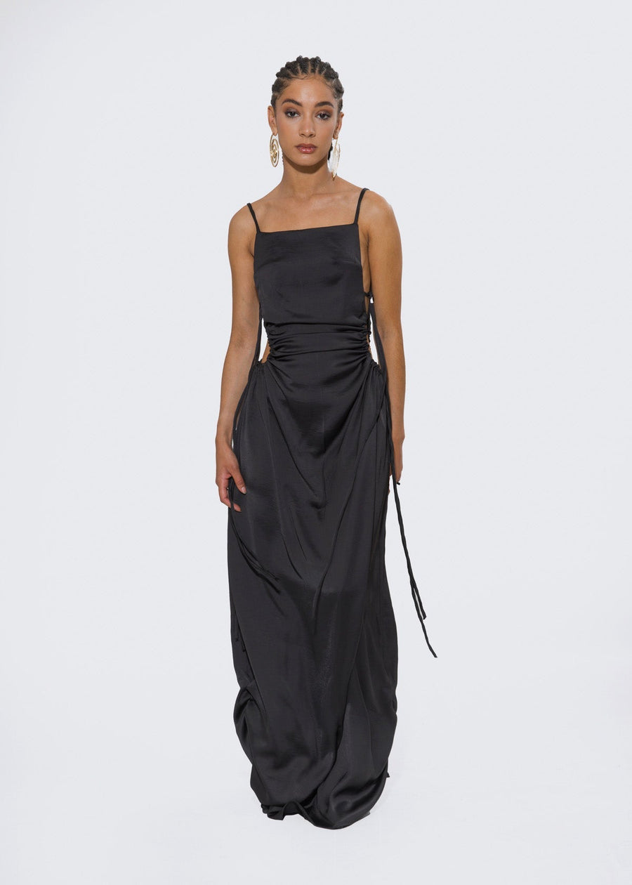 Olooh Laurene maxi dress with Bronze buttons adorning the side opening