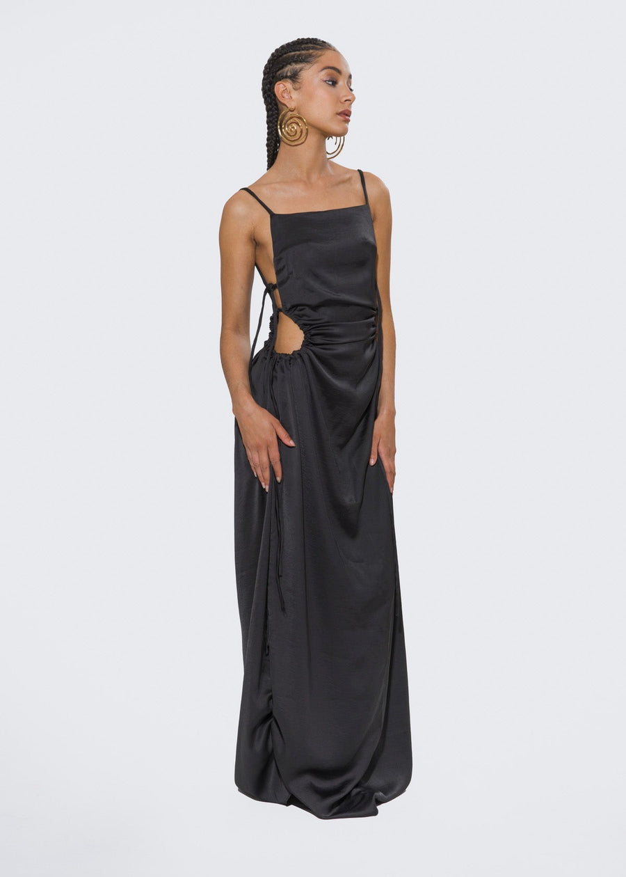 Olooh Laurene maxi dress with Bronze buttons adorning the side opening