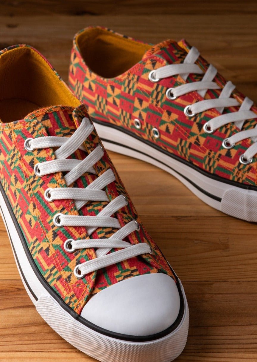 Mikono Kente Sneakers with white laces and a light rubber sole