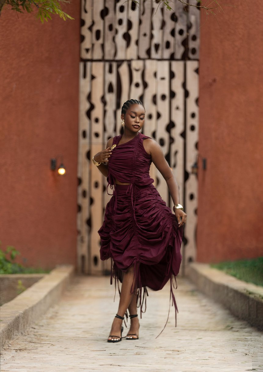 Ivory Afrikaan OLAEDO Set with Ruched blouse and A-line skirt