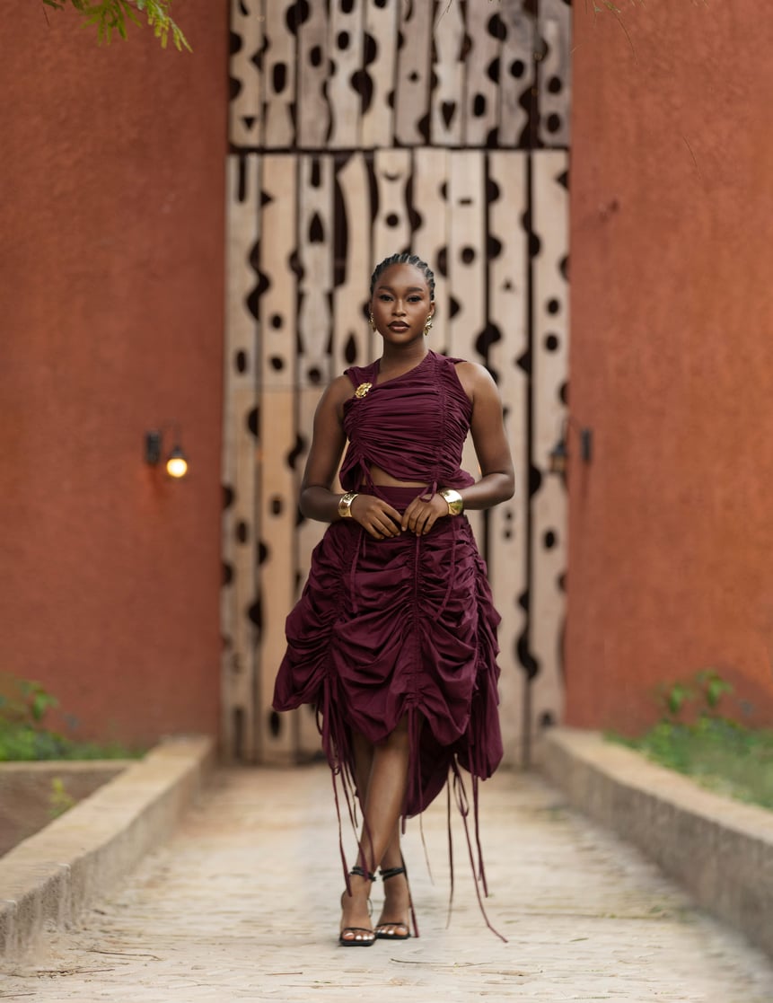 Ivory Afrikaan OLAEDO Set with Ruched blouse and A-line skirt