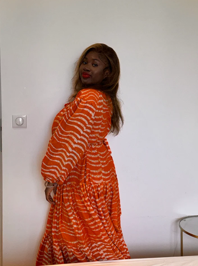 Oya Abeo Orange Full length Tiered Dress with wavy print